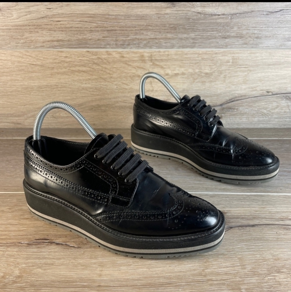 Prada Wingtip Brogue Oxford Platform Black  Patent Leather Shoes Size 38 - Picture 10 of 12